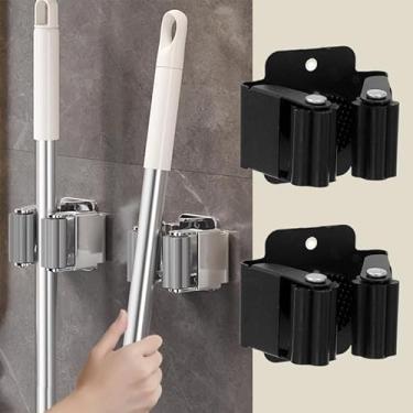 Imagem de 2 conjuntos de suportes de esfregão para vassoura, ganchos de armazenamento doméstico, cozinha, banheiro, garras, organizador com parafusos (2 peças) - preto)