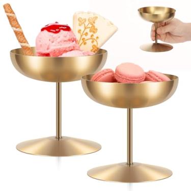 Imagem de Tcwhniev 2 peças de tigela de sorvete com pés de aço inoxidável, resistente à ferrugem, lavável à mão, copo redondo de sobremesa para aniversário, casamento, aniversário (ouro)