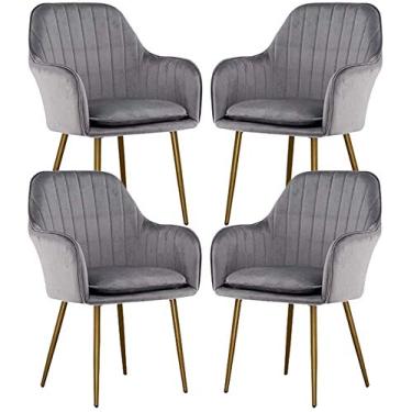 Imagem de Cadeira de jantar, cozinha, sala de jantar, móveis, cadeiras de veludo conjunto de 4, pés de metal resistentes com apoios de braços e encosto, cadeiras de sala de estar de cozinha (cor: cinza)