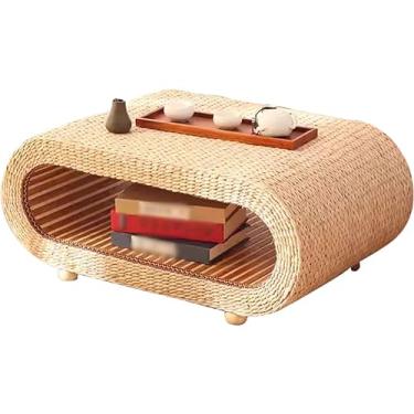 Imagem de HYUIO Mesa de centro vintage japonesa Tatami, mesa de chá no chão da sala de estar, mesa kang oval compacta, mesa de janela trançada de bambu de madeira maciça, para jogos, escrita (cor: Beig