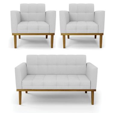 Imagem de Sofá Namoradeira E 2 Poltronas Base Madeira Castanho Elisa Linho D03 - D'rossi Cor A05 Cinza