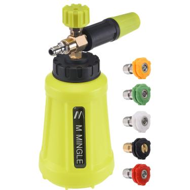 Imagem de M MINGLE Canhão de espuma para lavadora de pressão, pulverizador de espuma de carro com conector rápido de 1/4 polegada, arruela elétrica de jato de espuma de uso pesado de boca larga, 1 litro com 5 pontas de bocal