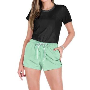 Imagem de Conjunto Feminino Verão Moda Praia Camiseta Algodão Short Tactel Liso-Feminino