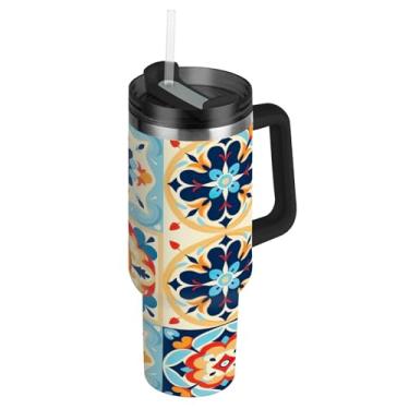 Imagem de Blueangle Copo de cerâmica mexicano de 1,134 g com alça e tampa de palha, caneca de viagem de aço inoxidável isolada a vácuo de parede dupla, garrafa de água reutilizável para academia de escritório