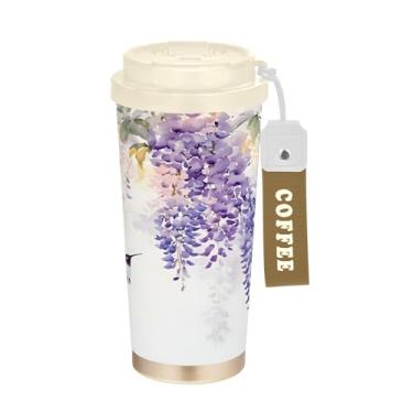 Imagem de SEHANY Caneca de viagem de pássaro colorida de 482 g Copos de café reutilizáveis revestidos de cerâmica com tampa à prova de vazamento, parede dupla, copo de café de aço inoxidável isolado a vácuo