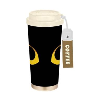 Imagem de Blueangle Caneca de café de viagem isolada com olhos de gato amarelos - copo de aço inoxidável à prova de vazamento e derramamento para acampamento e ar livre, garrafa de água reutilizável de 500 ml