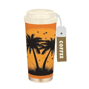 Imagem de SEHANY Caneca de viagem com palmeira de verão, 482 g, copos de café reutilizáveis revestidos de cerâmica com tampa à prova de vazamento, parede dupla, isolamento a vácuo, copo de café de aço