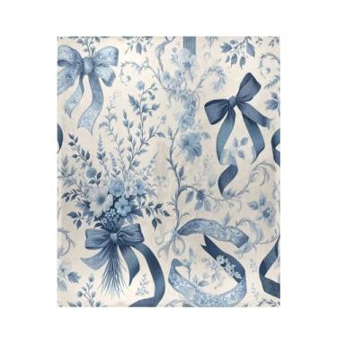 Imagem de ATTX Cobertor de microfibra de veludo com estampa de flores de laço azul - Cobertor de cama leve ultra macio para sofá, cama, 127 x 152 cm #415