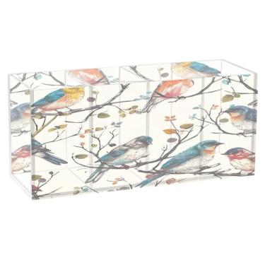 Imagem de SEHANY Lindo porta-canetas de acrílico com flores em aquarela, pássaro, 4 compartimentos, porta-lápis transparente, organizador de pincéis de maquiagem, organizador de papelaria para escritório, casa