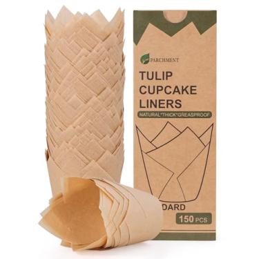 Imagem de 150 peças de forros de cupcake de tulipa para copos de cozimento, não branqueados, papel manteiga da UE à prova de gordura, forros de muffin de tulipa padrão com antiaderentes e antiderrapantes