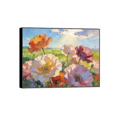 Imagem de BMZFYBS Pintura de arte de parede de flores - imagem de decoração vintage - flores em campo - impressões em tela de moldura preta para sala de estar 50 x 65 cm 20 x 26 pol