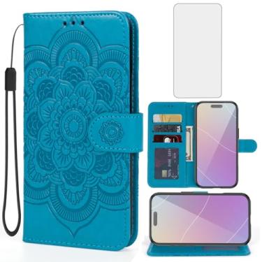 Imagem de Bohefo Capa para iPhone 17 Pro/capa carteira para Apple 17 Pro com protetor de tela de vidro temperado, suporte para cartão de crédito de couro mandala para iPhone 17 Pro azul