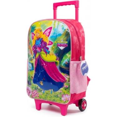 Imagem de Mochila de Rodinhas Infantil, Rosa, Poliéster,17L, com Alça Retrátil, Tema Princesa e Fadas, para Escola e Viagem