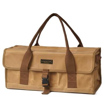 Imagem de Bolsa de ferramentas de acampamento de lona encerada, bolsa multiuso de armazenamento ao ar livre de 12 L com capa flip segura, organizador de vários recipientes para martelos, estacas de barraca