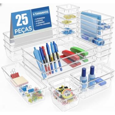 Imagem de Organizador Modular para Gavetas Kit com 25 Peças – 4 Tamanhos Diferentes – Organizadores Transparentes em Acrilico para Gaveta, Mesa, Cozinha, Penteadeira e Escritório – Peças Empilháveis