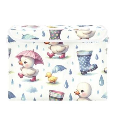 Imagem de WELLDAY Caixa de armazenamento em aquarela de pato de chuva com tampas, bancos maiores dobráveis de armazenamento de tecido com alças para sala de estar, sala de jogos, quarto, berçário 40 x 32 x 30