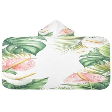 Imagem de Burbuja Toalha de banho com capuz com folhas de flores tropicais em aquarela para crianças, toalha de praia de pelúcia macia absorvente para meninas e meninos 3-10 anos, 61 x 127 cm