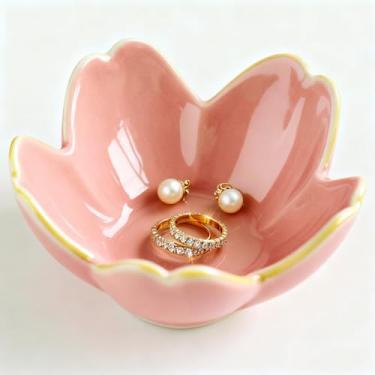 Imagem de Anel floral rosa bandeja de joias de cerâmica, pequeno bugiganga, organizador de joias para penteadeira/banheiro/mesa de cabeceira, presente de aniversário/Natal/noivado para mulheres/melhores amigas