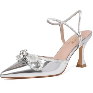 Imagem de Susanny Sapato feminino fechado Rhinstone casamento salto baixo slingback transparente gatinho, tira ajustável, bico fino, salto alto, vestido de formatura, Prata patenteada, 36