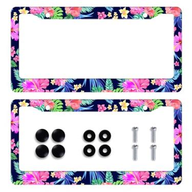 Imagem de 2 peças Moldura de placa de licença de flor de hibisco colorido Havaí floral folhas tropicais molduras de placa de licença engraçado suporte de acessórios automotivos placa de licença de aço