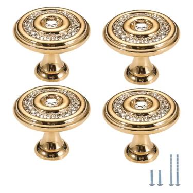 Imagem de Evionlin 4 puxadores de armário de cristal redondo dourado puxadores de armário de cozinha para armário de quarto puxador de gavetas