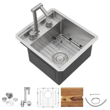 Imagem de Fulorni Pia de cozinha para trailer de 33 x 38 cm – Bacia de pia única de aço inoxidável 304 calibre 16 com torneira dobrável para trailer, campista, casa móvel, bar molhado, cozinha ao ar livre