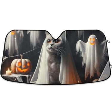 Imagem de Halloween Ghost Cat Cite Para-brisa Carro Toldo Bonito Personalizado Dobrável Carros Persianas para Janelas Frontais Floral Retrátil G, 144,8 cm x 80 cm