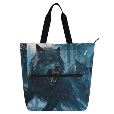 Imagem de GAIGEO Cool Wolves Bolsa feminina azul para trabalho, lona, praia, livro, sacola com zíper, presente infantil para amantes de livros
