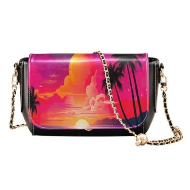 Imagem de Bolsas de ombro femininas pretas com cogumelos e plantas, bolsas de couro transversais para mulheres, Praia noturna com palmeiras - 1, One Size