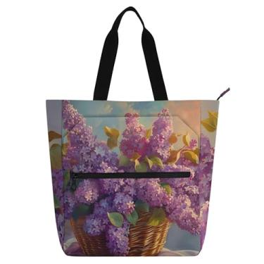 Imagem de GAIGEO Bolsa de trabalho feminina com flores lilases roxas buquê de lona para livros de praia com zíper para professores com compartimentos