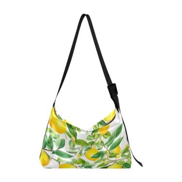 Imagem de Bolsa tiracolo de couro grande azul cosmos floral com folhas, bolsa transversal de couro masculina, bolsa de couro com zíper, Limões em aquarela em um ramo - 3, One Size