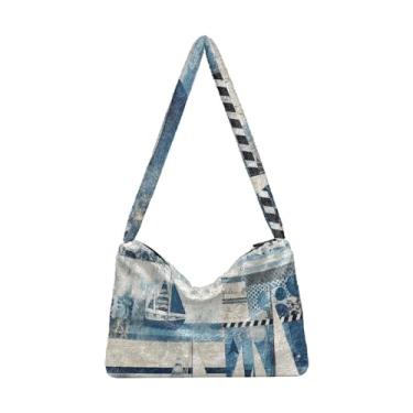 Imagem de GAIGEO Bolsa de ombro feminina, vermelha, azul, branca, aquarela, estrelas, americana, bolsa de ombro, bolsa feminina para uso ao ar livre, Veleiro náutico azul vintage, One Size