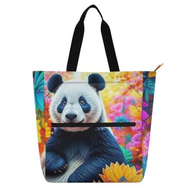 Imagem de Bolsa feminina com flores coloridas urso panda bolsa de trabalho de lona com zíper bolsa de praia para professores, presente para amantes de livros
