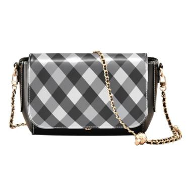 Imagem de Bolsa tiracolo feminina roxa e amarela floral em couro branco, bolsa feminina de couro, bolsa de ombro para mulheres, Gingham-1 preto e branco, One Size