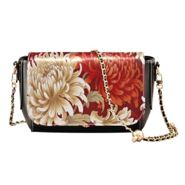 Imagem de Maçãs pretas em uma bolsa transversal de couro com padrão branco, bolsas transversais de couro para mulheres na moda, bolsa feminina de couro, Crisântemos-1, One Size