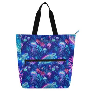 Imagem de GAIGEO Sacola feminina de água-viva colorida de tartaruga marinha de lona com zíper bolsas fofas para amantes de livros