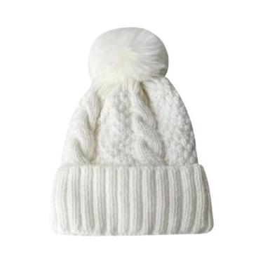 Imagem de Gorro Feminino Quente De Tricô Grosso Com Pom Pom De Pele Sintética, T
