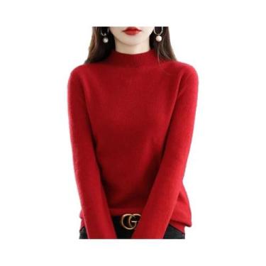 Imagem de Suéter Feminino De Lã Pura Para Outono Inverno, Gola Semi-Alta, Manga 