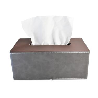 Imagem de Caixa de lenços de papel antigo, caixa de guardanapo retangular de couro PU, porta-lenços de papel para carro com fundo magnético, organizador de lenços faciais (cinza comercial)