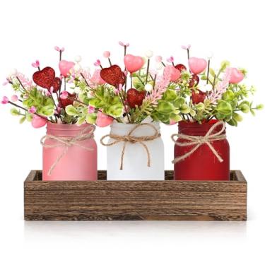 Imagem de Pacote com 3 frascos de pedreiro floral para mesa de centro de mesa com bandeja de madeira, floral artificial e plantas, coração vermelho e rosa para fazenda, casa, cozinha, banheiro, decoração