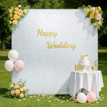 Imagem de Eternal Beauty Capa quadrada de arco de casamento, 1,6 x 1,6 m com lantejoulas prateadas, capa com suporte de arco de balão, capa elástica para festas, aniversários, Natal, chá de bebê, banquete