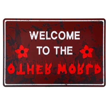 Imagem de Placa de Parede Bem-Vindo Ao Outro Mundo, 30x20cm em Alumínio com o Mundo de Cabeça para Baixo Decoração Assustadora para Casa Escritório e Festas