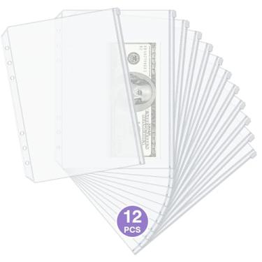 Imagem de Ospelelf 12 bolsos para fichário tamanho A5, envelopes de dinheiro com 6 furos para orçamento, inserções de planejador de pastas transparentes, organizador de adesivos de cupons de dinheiro de