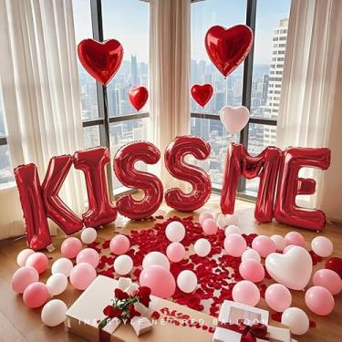 Imagem de Conjunto de balões de Dia dos Namorados "KISS ME" grandes balões de folha metálica 3D coração e balões redondos, pétalas de rosa, caixa de presente para decoração de festa romântica, aniversário