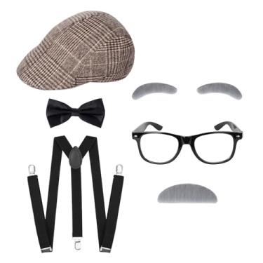 Imagem de Hmxpls 6 peças de kit de fantasia de velho vovô - bigode cinza e sobrancelha, óculos, suspensórios, gravata borboleta, chapéu plano, Caqui, Tamanho Único
