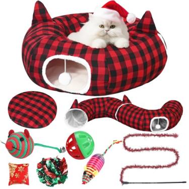 Imagem de Dansydaisy Cama de túnel para gatos de Natal com 8 brinquedos para gatos, cama de túnel de pelúcia fofa para cães com almofada lavável e bolas penduradas, parquinho multifuncional de 1,5 m para