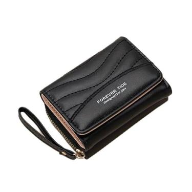 Imagem de Carteira feminina de poliuretano, porta-cartões com zíper em três dobras, carteira pequena bordada, porta-cartões de crédito, bolsas fofas com zíper, carteira curta fina para mulheres e meninas, Preto