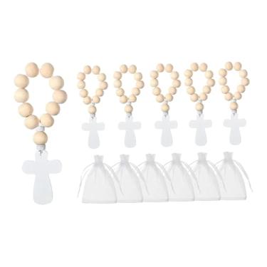 Imagem de Ｂｅｓｇａ Crucifixo de madeira com terço, pingente de crucifixo religioso, lembrança de oração com bolsa para decoração de mesa de festa infantil, 6 Terços, 6 Bolsas