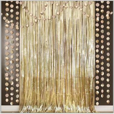 Imagem de 6 peças de cortina de franjas de folha de ouro champanhe com guirlanda circular pendurada para decoração de festa de aniversário casamento noivado nupcial chá de bebê despedida de solteira doce suprimentos para 16 festas
