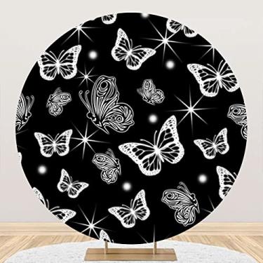 Imagem de DORCEV Capa de fundo redonda 2,2 x 2,2 m, início dos anos 2000, preto, com glitter, borboleta, festa, fotografia de fundo da velha escola, festa dos anos 2000, vintage, glamour, foto dos anos 80, 90